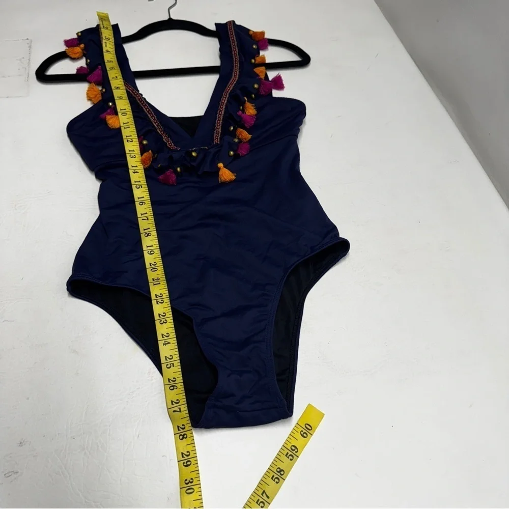 ONDA DE MAR Women’s size M Navy Swimsuit with Colorful Tassels